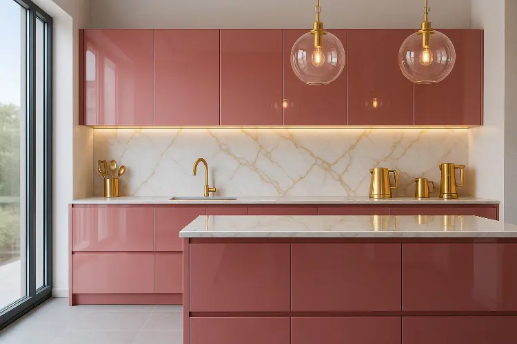 Dapur Pink Glossy dengan Aksen Emas Mewah