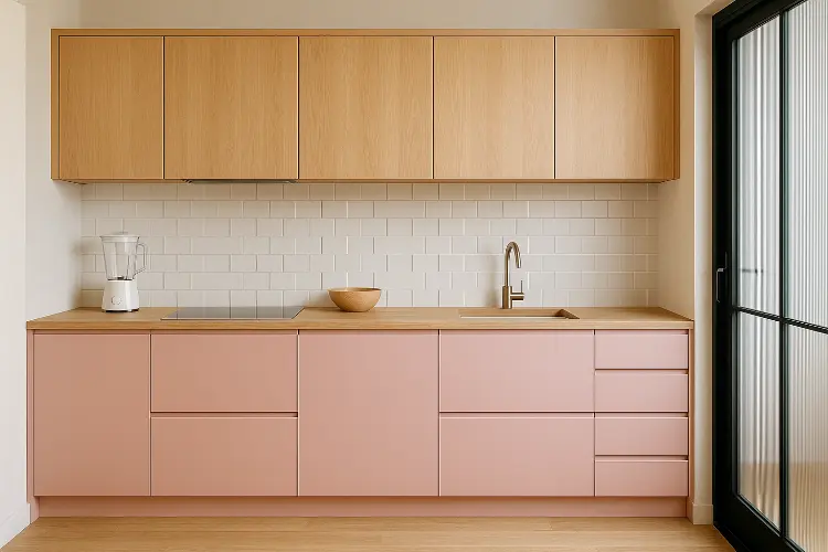 Dapur Pink dan Kayu yang Hangat