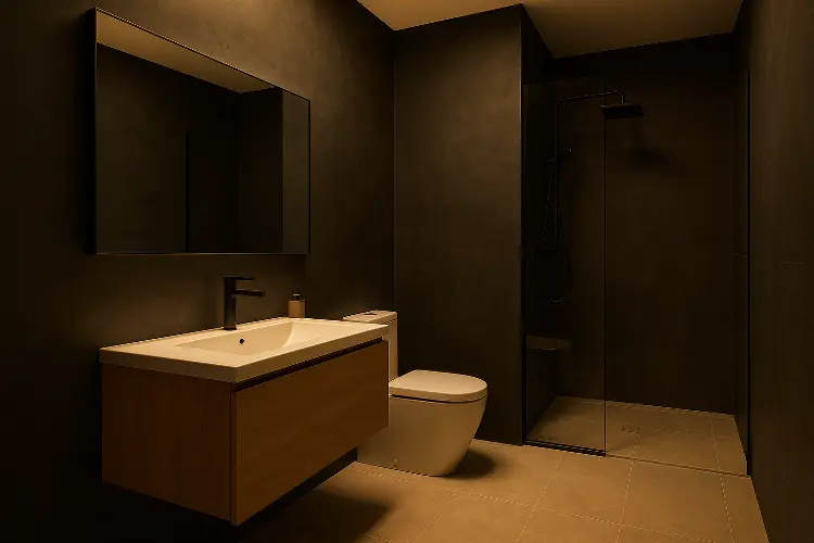 Kamar Mandi dengan Dinding Dark Grey yang Elegan